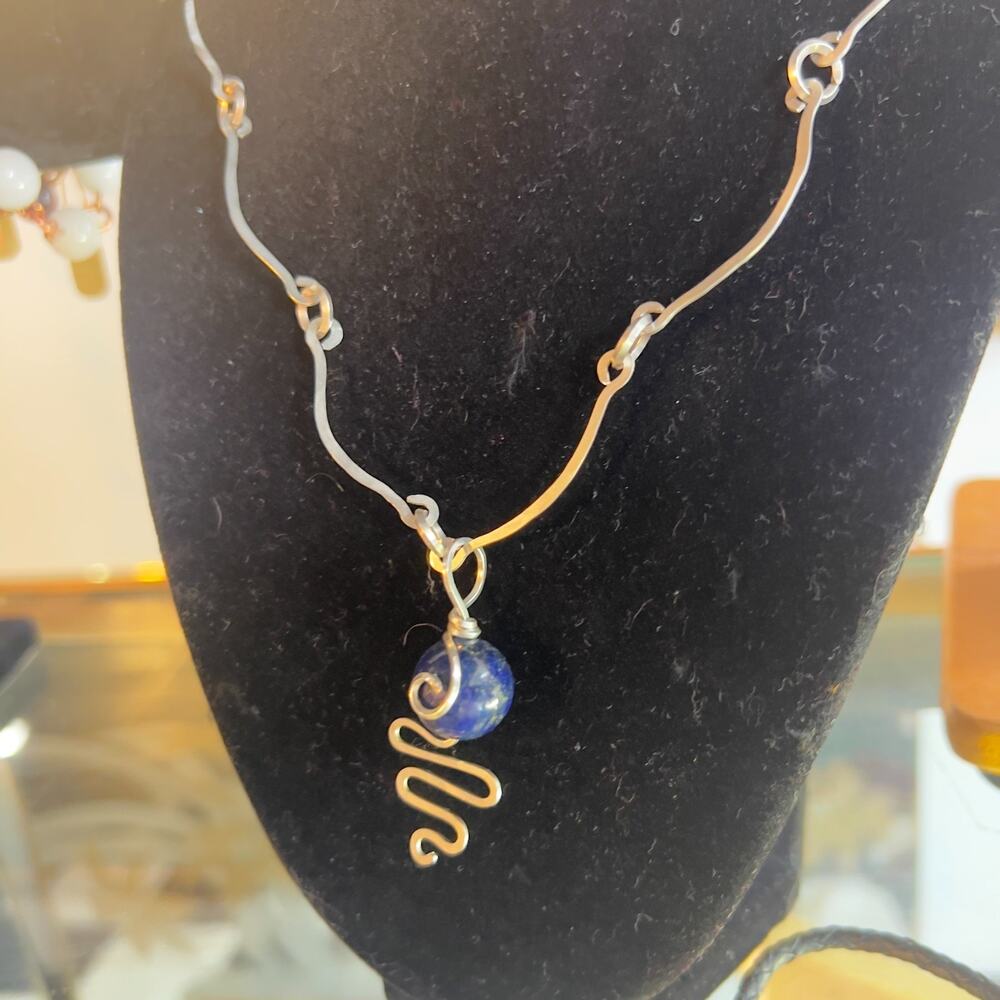 Artisan Made Hand Crafted Sterling Silver Lapis Lazuli Modernist 21" Necklace